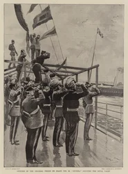 Officers of the Colonial Troops on Board the SS Dunera saluting the Royal Yacht